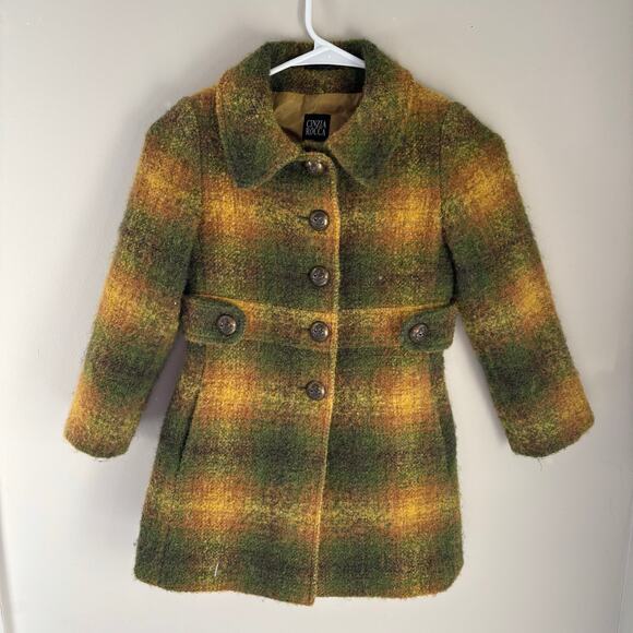 Cinzia Rocca Girls Alpaca Blend Coat Green Yellow Plaid Size 6 Made in Italy - Picture 1 of 9
